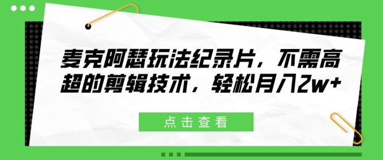 麦克阿瑟玩法纪录片，不需高超的剪辑技术，轻松月入2w+【揭秘】-网创资源站