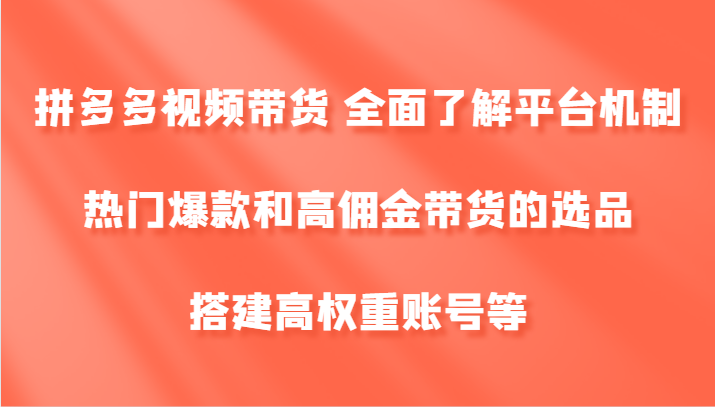 拼多多视频带货 全面了解平台机制、热门爆款和高佣金带货的选品，搭建高权重账号等-网创资源站