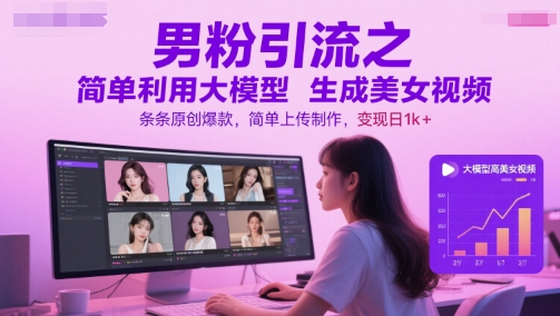 男粉引流之简单利用大模型生成美女视频，条条原创爆款，简单上传制作，变现日1k+-网创资源站