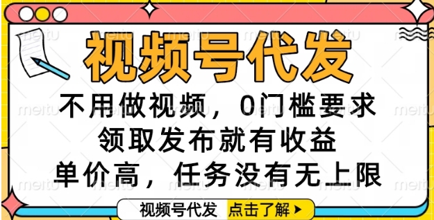视频号代发，不用做视频，0门槛要求，领取发布就有收益，单价高，任务没有无上限【揭秘】-网创资源站
