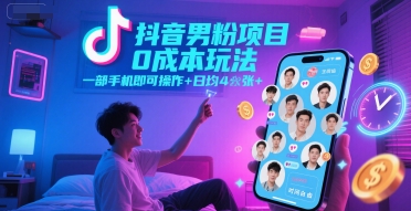 抖音男粉项目0成本玩法，一部手机即可操作，日均4张+，时间自由-网创资源站
