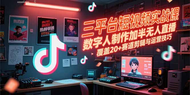 三平台短视频实战课，数字人制作加半无人直播，覆盖20+赛道剪辑与运营技巧-网创资源站