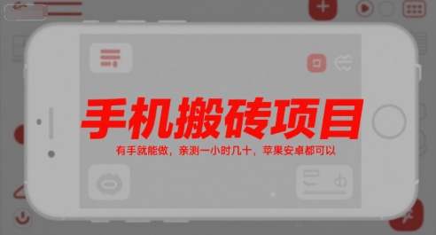 手机搬砖项目，有手就能做，亲测一小时几十，苹果安卓都可以-网创资源站