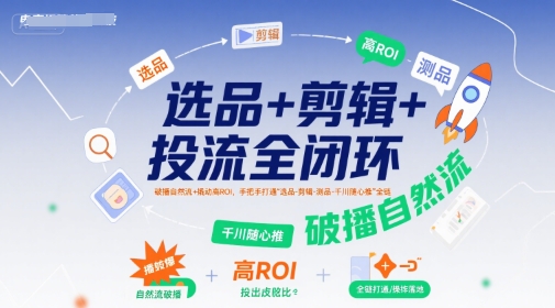 选品+剪辑+投流全闭环，破播自然流+撬动高ROI，手把手打通“选品-剪辑-测品-千川随心推”全链-网创资源站