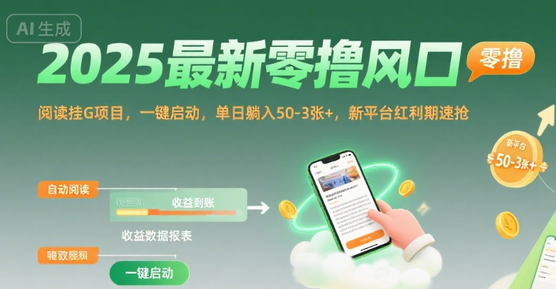 2025最新零撸风口，阅读挂G项目，一键启动，单日躺入 50-3张+，新平台红利期速抢【揭秘】-网创资源站