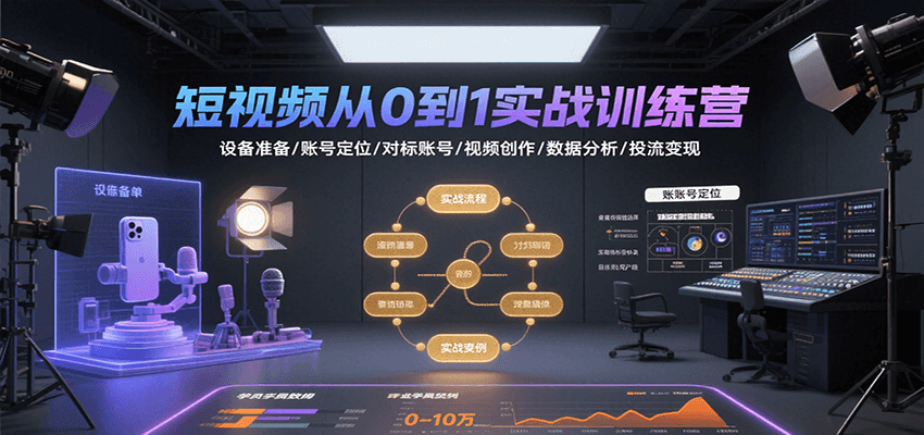 短视频从0到1实战训练营：设备准备/账号定位/对标账号/视频创作/数据分析/投流变现-网创资源站