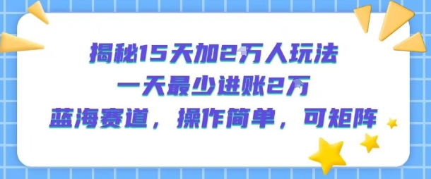 揭秘15天加2W人玩法，一天最少2万进账，蓝海赛道，操作简单，可矩阵-网创资源站