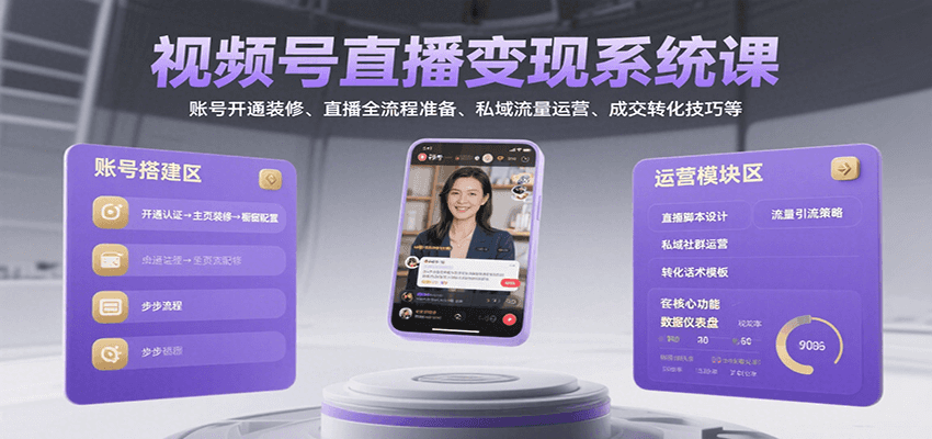 视频号直播变现系统课，账号开通装修、直播全流程准备、私域流量运营、成交转化技巧等-网创资源站