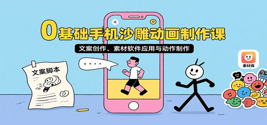 0基础手机沙雕动画制作课，文案创作、素材软件应用与动作制作-网创资源站