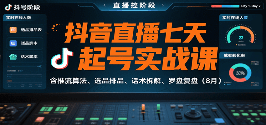 抖音直播七天起号实战课：含推流算法、选品排品、话术拆解、罗盘复盘(8月)-网创资源站