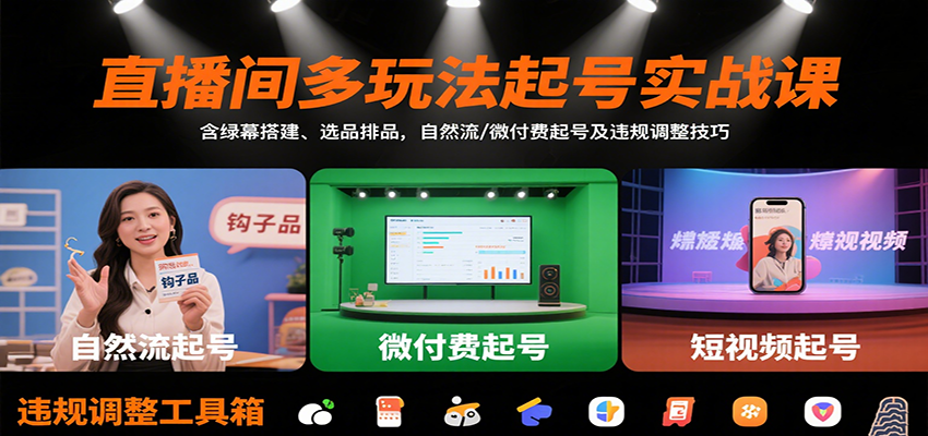 直播间多玩法起号实战课：含绿幕搭建、选品排品，自然流/微付费起号及违规调整技巧-网创资源站