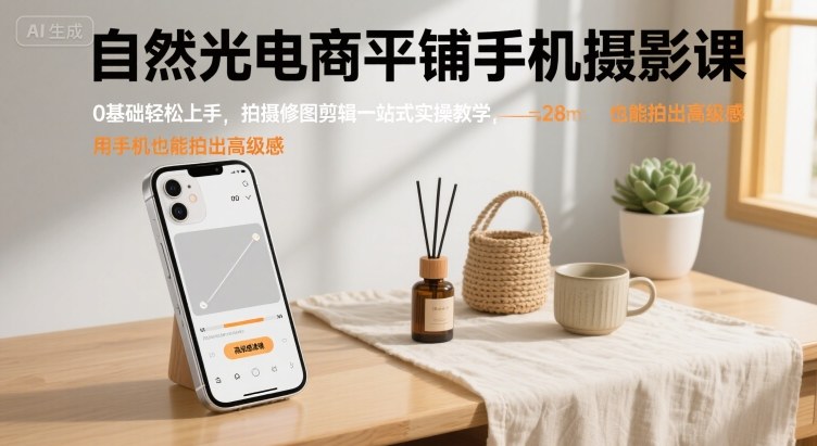 自然光电商平铺手机摄影课，0基础轻松上手，拍摄修图剪辑一站式实操教学，用手机也能拍出高级感-网创资源站