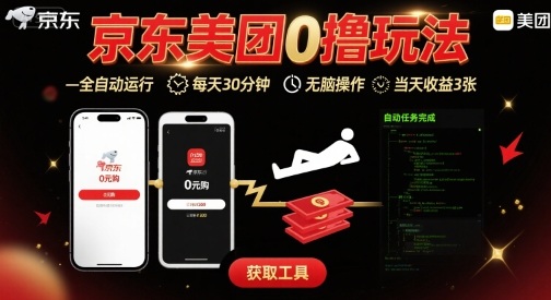京东美团平台最新0撸玩法，全自动挂G，每天30分钟，无脑操作，当天收益3张【揭秘】-网创资源站