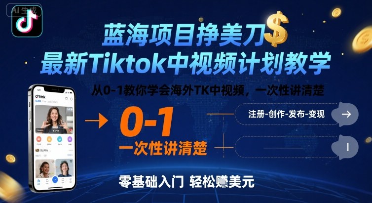 蓝海项目挣美刀，最新Tiktok中视频计划教学，从0-1教你学会海外TK中视频，一次性讲清楚-网创资源站