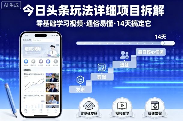 今日头条玩法详细项目拆解，零基础学习视频 通俗易懂 14天搞定它-网创资源站