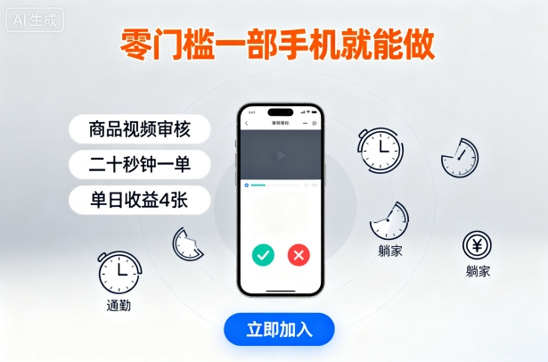 零门槛一部手机就能做，商品视频审核，通勤躺家碎片时间都能做，二十秒钟一单，单日收益4张【揭秘】-网创资源站