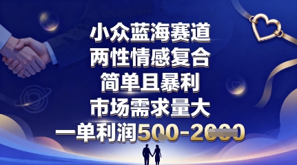 小众蓝海赛道，两性情感复合，简单且暴利，市场需求量大，一单利润5张，未来几年可持续深耕的项目-网创资源站
