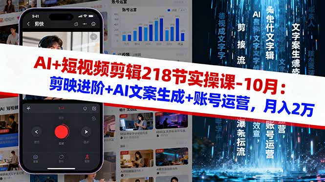 AI+短视频剪辑218节实操课-10月：剪映进阶+AI文案生成+账号运营，月入2万-网创资源站