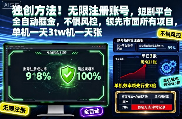 独创方法！无限注册账号，短剧平台全自动掘金，不惧风控，领先市面所有项目，单机一天3张【揭秘】-网创资源站