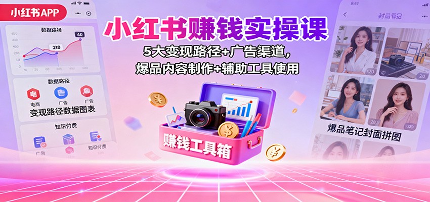 小红书赚钱实操课：5大变现路径+广告渠道，爆品内容制作+辅助工具使用-网创资源站