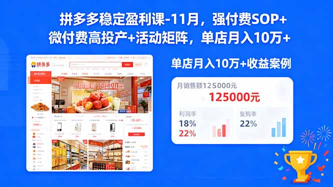 拼多多稳定盈利课-11月，强付费SOP+微付费高投产+活动矩阵，单店月入10万+-网创资源站