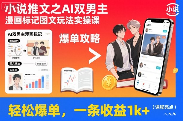 小说推文之AI双男主漫画标记图文玩法实操课，轻松爆单，一条收益1k+-网创资源站