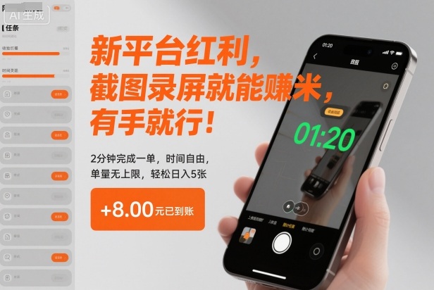 新平台红利，截图录屏就能賺米，有手就行！2分钟完成一单，时间自由，单量无上限，轻松日入5张【揭秘】-网创资源站