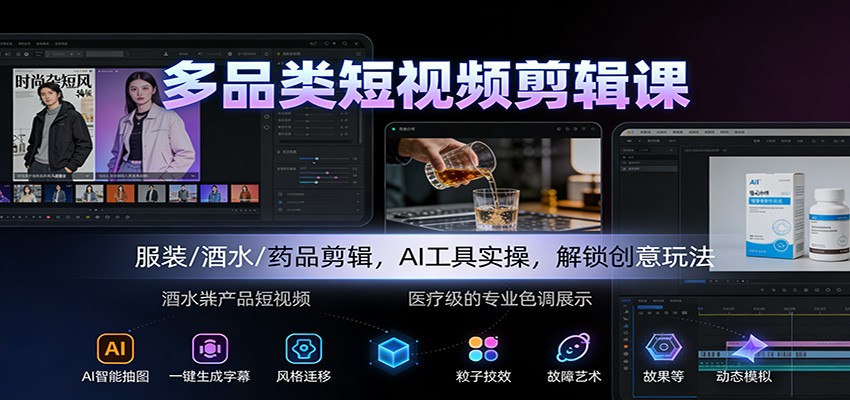多品类短视频剪辑课：服装/酒水/药品剪辑，AI工具实操，解锁创意玩法-网创资源站