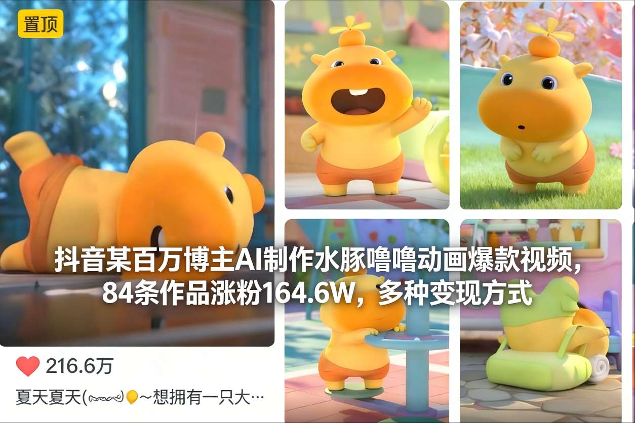 抖音某百万博主AI制作水豚噜噜动画爆款视频,84条作品涨粉164.6W,多种变现方式
