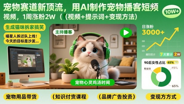 宠物赛道新顶流，用AI制作宠物播客短视频，1周涨粉2W(视频+提示词+变现方法)-网创资源站