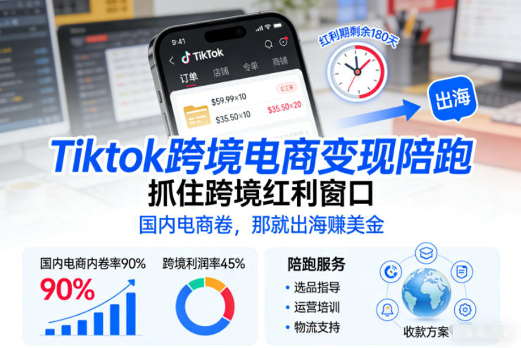 Tiktok跨境电商变现陪跑，抓住跨境红利窗口，国内电商卷，那就出海賺美金-网创资源站