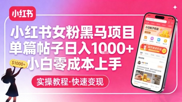 小红书女粉黑马项目，单篇帖子日入1k+，小白零成本上手-网创资源站