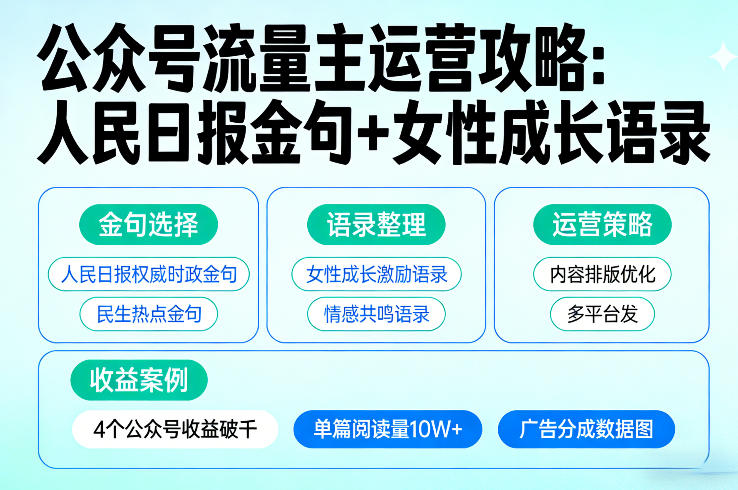利用人民日报金句+女性成长语录做公众号流量主，4个公众号收益破千-网创资源站