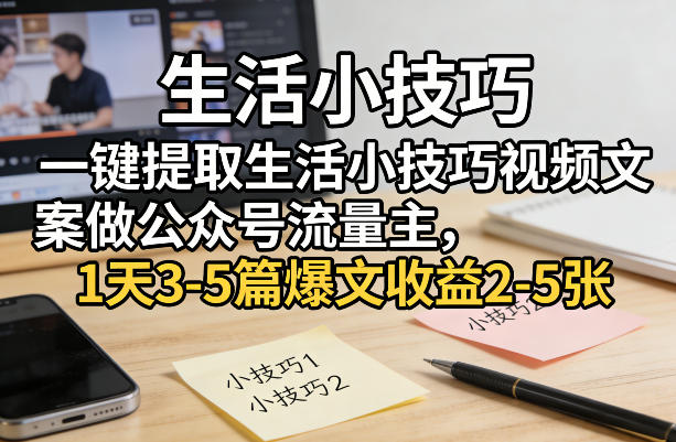 一键提取生活小技巧视频文案做公众号流量主，1天3-5篇爆文收益2-5张-网创资源站