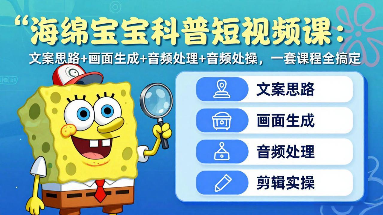 海绵宝宝科普短视频课：文案思路+画面生成+音频处理+剪辑实操，一套课程全搞定-网创资源站