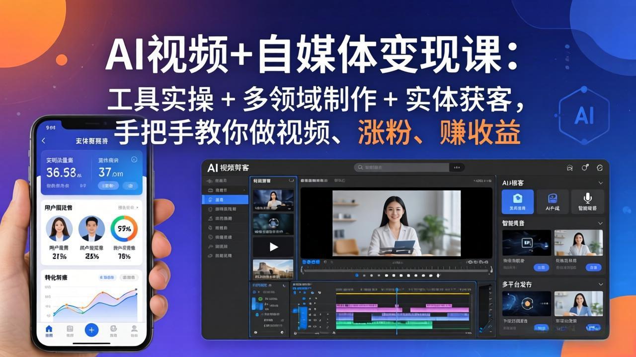 AI视频+自媒体变现课：工具实操 + 多领域制作 + 实体获客，手把手教你做视频、涨粉、赚收益-网创资源站