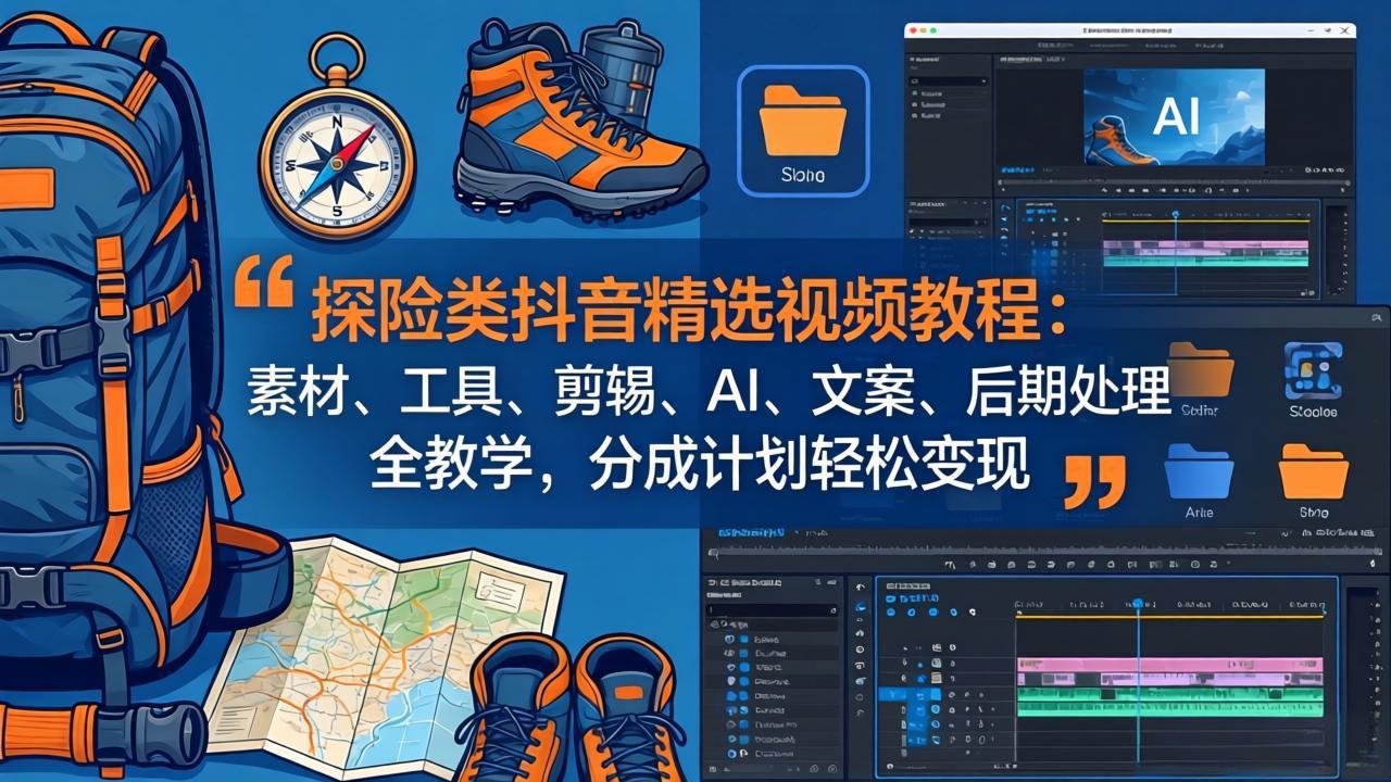 探险类抖音精选视频教程：素材、工具、剪辑、AI、文案、后期处理全教学，分成计划轻松变现-网创资源站