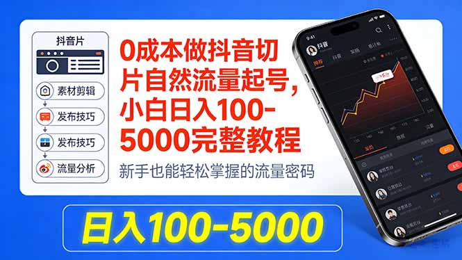 0成本做抖音切片自然流量起号，小白日入100-5000完整教程-网创资源站