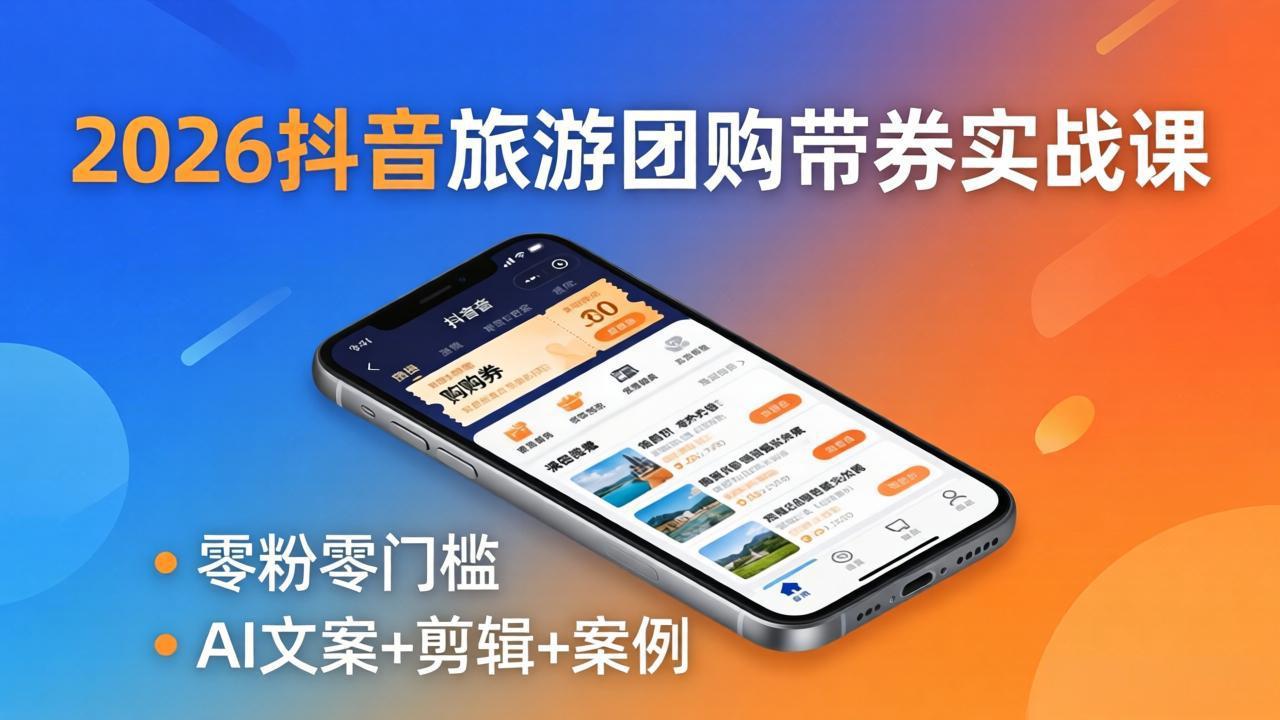 2026抖音旅游团购带券实战课：零粉零门槛，AI文案+剪辑+案例，躺着赚门票佣金-网创资源站