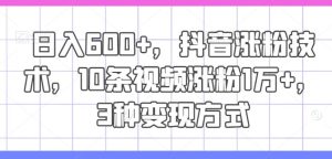 日入600+,抖音涨粉技术,10条视频涨粉1万+,3种变现方式【揭秘】-网创资源站