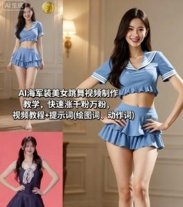 AI海军装美女跳舞视频制作教学,快速涨千粉万粉,视频教程+提示词(绘图词、动作词)-网创资源站