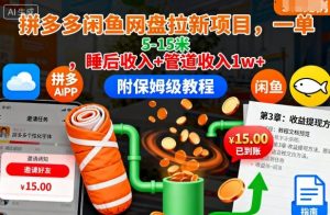 拼多多闲鱼网盘拉新项目，一单5-15米，睡后收入+管道收入1w+(附保姆级教程)-网创资源站