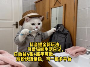 抖音掘金新玩法，可爱猫咪生活日记，日收益4张+新手可做，涨粉快流量稳，可一稿多平台-网创资源站