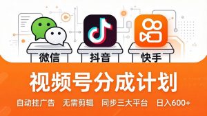视频号分成计划:发视频自动挂广告,无需剪辑同步三大平台,单号轻松日入600+-网创资源站