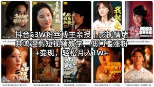抖音53W粉丝博主亲授｜影视情绪共鸣混剪短视频教学，低门槛涨粉+变现，轻松月入1W+-网创资源站