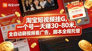 淘宝短视频挂G，一个号一天 賺30-80米，全自动刷视频看广告，脚本全程托管【揭秘】-网创资源站